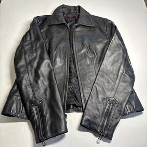 Vtg Wilsons Leather Genuine Black Leather Moto Jacket Women's Full Zip Cuffs EUC